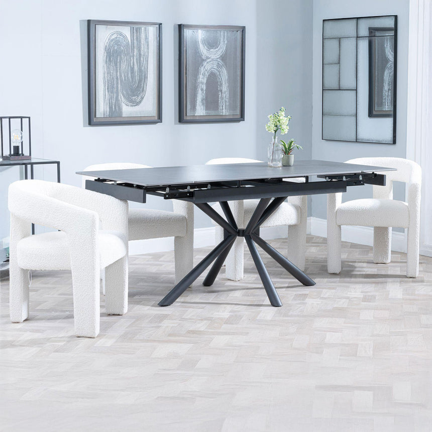 Hannah Black Ceramic Extending Dining Set - Killen Boucle Fabric Dining Chair