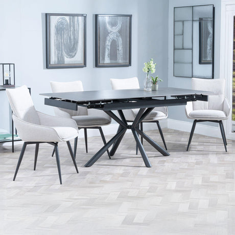 Hannah Black Ceramic Extending Dining Set - Torres Fabric Swivel Dining Chair
