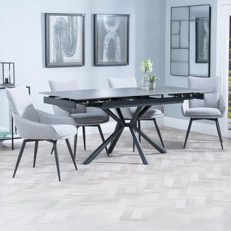 Hannah Black Ceramic Extending Dining Set - Torres Fabric Swivel Dining Chair