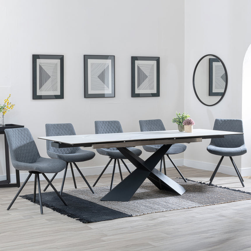 Grappa White Ceramic Extending Dining Set - Messina Dark Grey Fabric Swivel Dining Chair