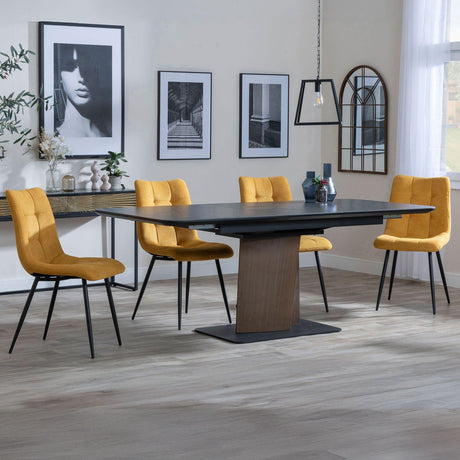 Helen Black Ceramic Extending Dining Set with Pedestal Base - Bolzano Fabric Dining Chair