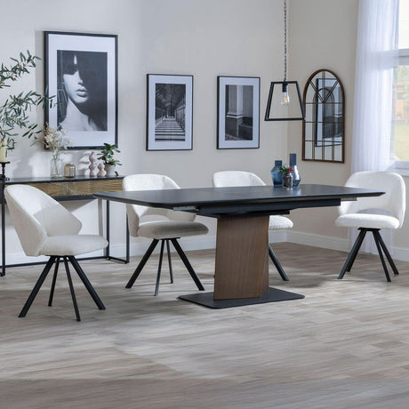 Helen Black Ceramic Extending Dining Set with Pedestal Base - Burano Velvet Fabric Swivel Dining Chair