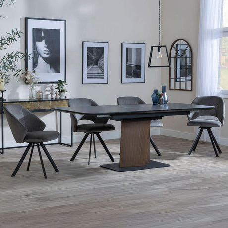 Helen Black Ceramic Extending Dining Set with Pedestal Base - Burano Velvet Fabric Swivel Dining Chair