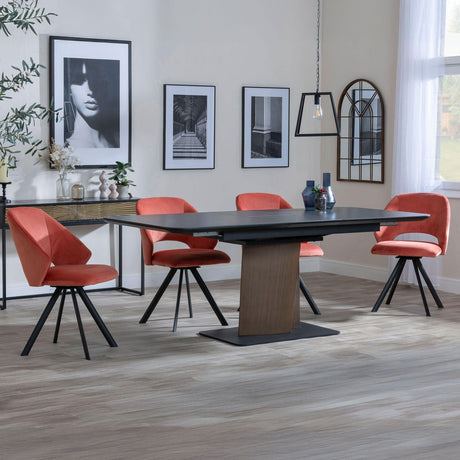 Helen Black Ceramic Extending Dining Set with Pedestal Base - Burano Velvet Fabric Swivel Dining Chair