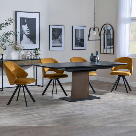 Helen Black Ceramic Extending Dining Set with Pedestal Base - Burano Velvet Fabric Swivel Dining Chair