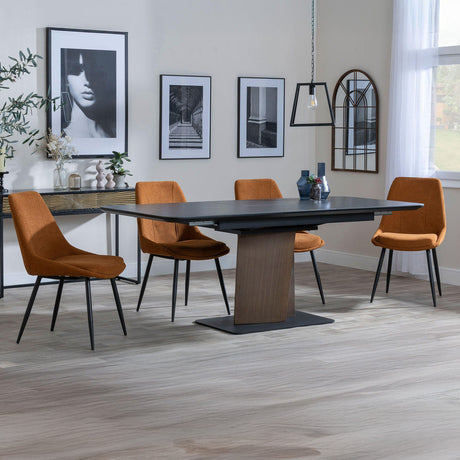 Helen Black Ceramic Extending Dining Set with Pedestal Base - Rovereto Fabric Dining Chair