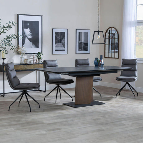 Helen Black Ceramic Extending Dining Set with Pedestal Base - Tuscany Leather Swivel Dining Chair