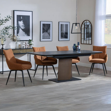 Helen Black Ceramic Extending Pedestal Dining Set - Torres Fabric Swivel Dining Chair