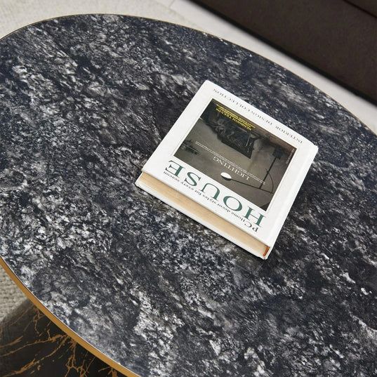 Debra Grey Ceramic Round Coffee Table with Walnut Base and Gold Trim