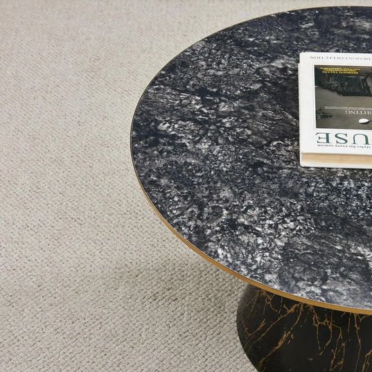 Horton Hourglass Ceramic Round Coffee Table with Walnut Base and Gold Trim