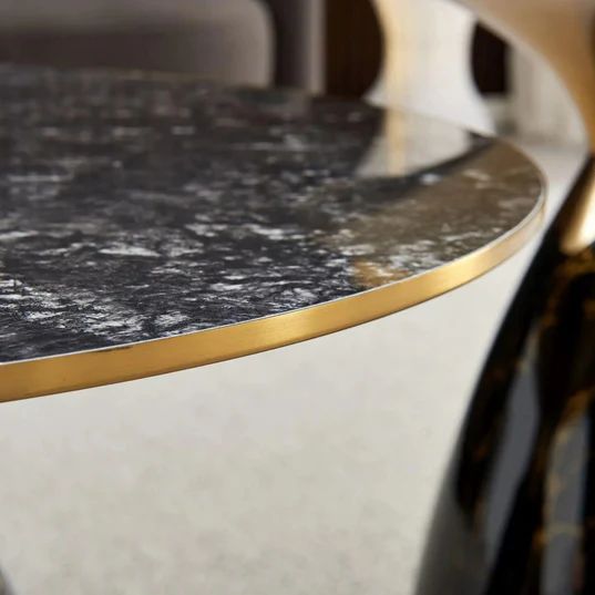 Horton Hourglass Ceramic Round Coffee Table with Walnut Base and Gold Trim