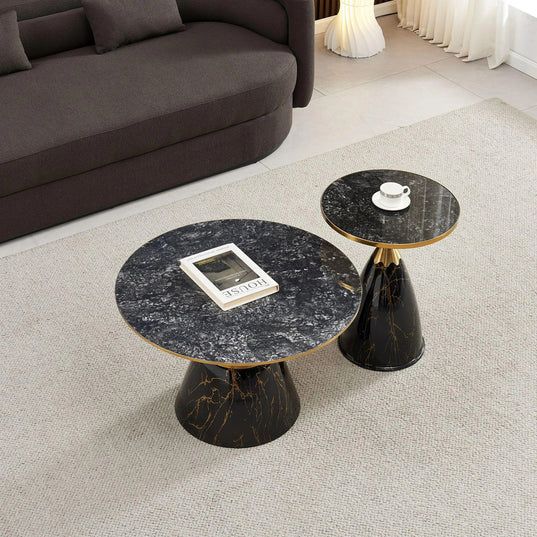 Horton Hourglass Ceramic Round Coffee Table with Walnut Base and Gold Trim