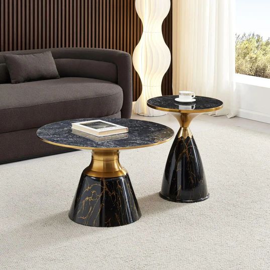 Horton Hourglass Ceramic Round Coffee Table with Walnut Base and Gold Trim