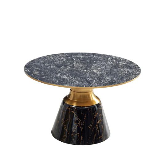 Horton Hourglass Ceramic Round Coffee Table with Walnut Base and Gold Trim