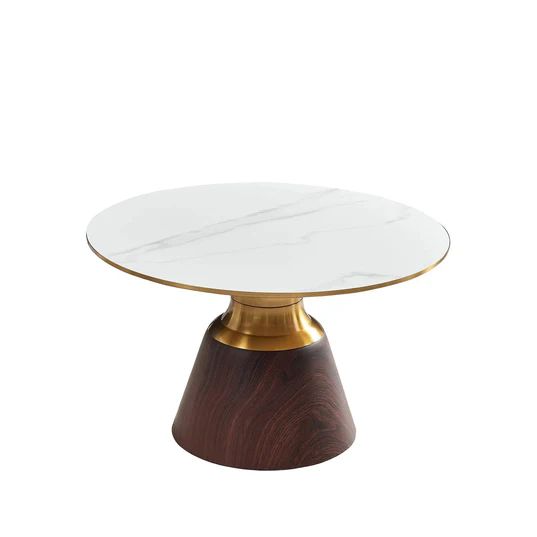 Horton Hourglass Ceramic Round Coffee Table with Walnut Base and Gold Trim