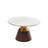 Horton Hourglass Ceramic Round Coffee Table with Walnut Base and Gold Trim