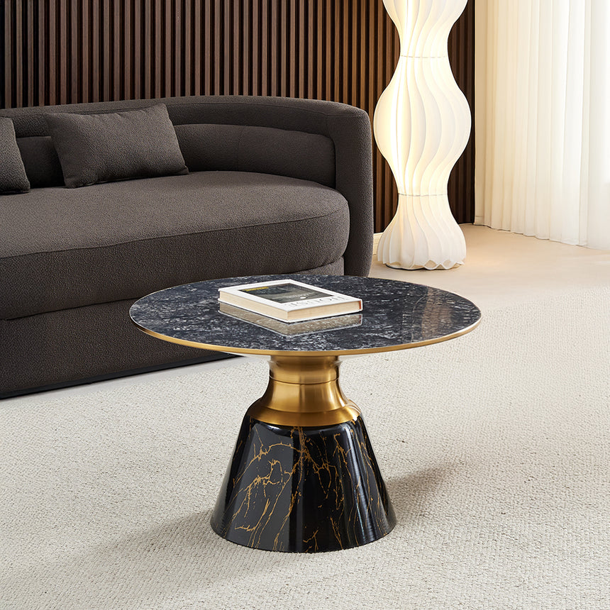 Horton Hourglass Ceramic Round Coffee Table with Walnut Base and Gold Trim