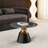 Horton Hourglass Ceramic Round Coffee Table with Walnut Base and Gold Trim