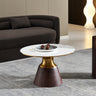 Horton Hourglass Ceramic Round Coffee Table with Walnut Base and Gold Trim