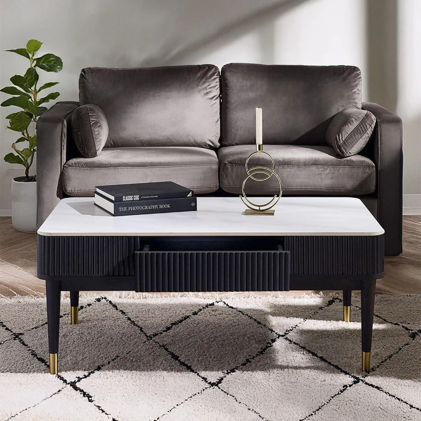 Idaho White Ceramic Top 2 Drawer Coffee Table - Black Fluted Base