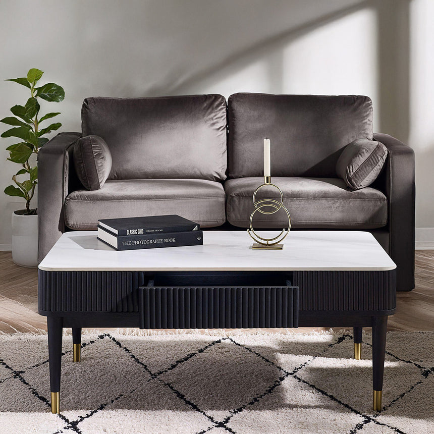 Idaho White Ceramic Top 2 Drawer Coffee Table - Black Fluted Base