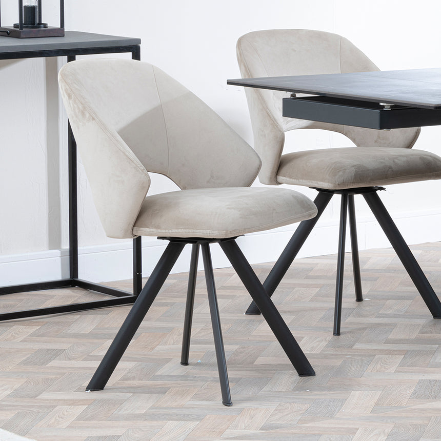 Isabella Black Ceramic Extending Dining Set - Burano Velvet Fabric Swivel Dining Chair