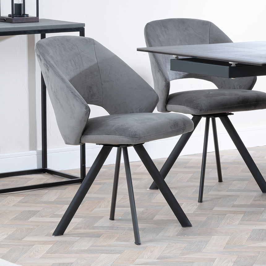 Isabella Black Ceramic Extending Dining Set - Burano Velvet Fabric Swivel Dining Chair