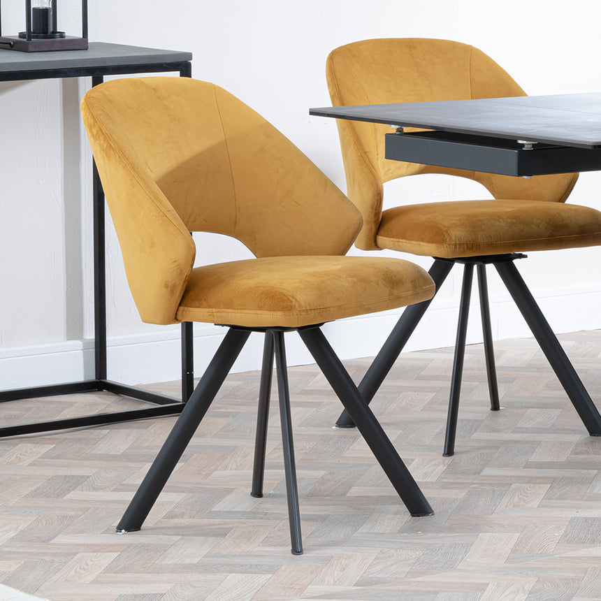 Isabella Black Ceramic Extending Dining Set - Burano Velvet Fabric Swivel Dining Chair