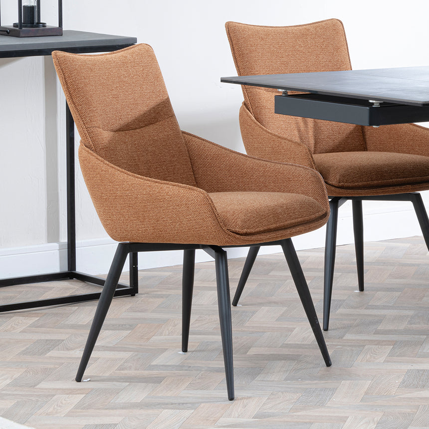 Isabella Black Ceramic Extending Dining Set - Torres Fabric Swivel Dining Chair