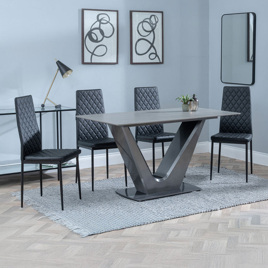 Janice Grey Ceramic 4 Seater Dining Set - Novato Leather Dining Chair with Black Legs
