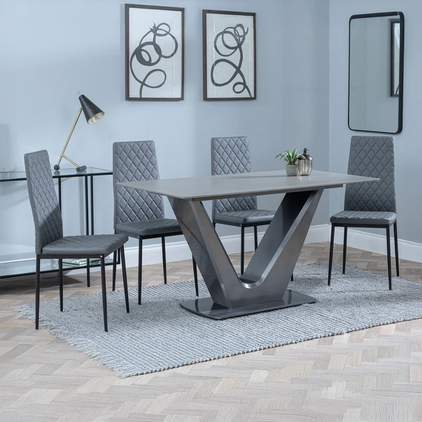 Janice Grey Ceramic 4 Seater Dining Set - Novato Leather Dining Chair with Black Legs