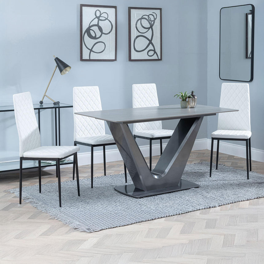 Janice Grey Ceramic 4 Seater Dining Set - Novato Leather Dining Chair with Black Legs