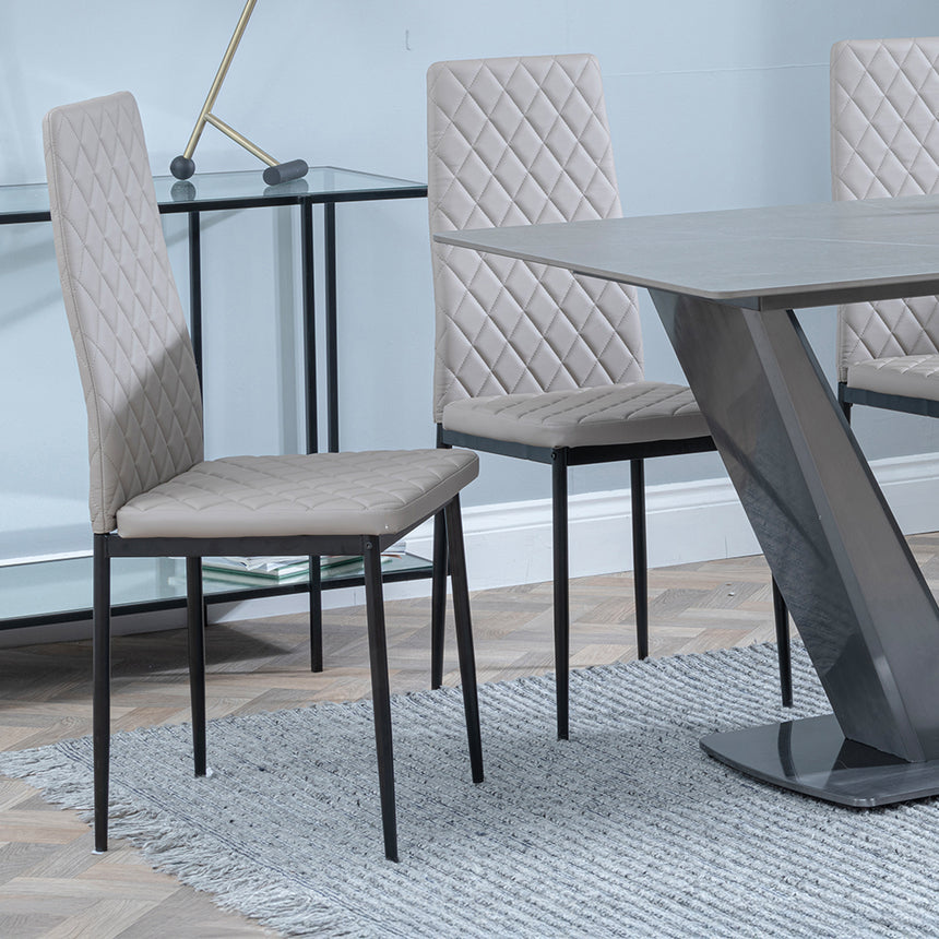 Janice Grey Ceramic 4 Seater Dining Set - Novato Leather Dining Chair with Black Legs