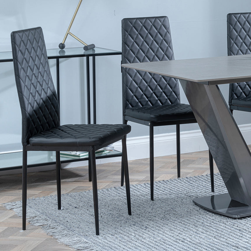 Janice Grey Ceramic 4 Seater Dining Set - Novato Leather Dining Chair with Black Legs