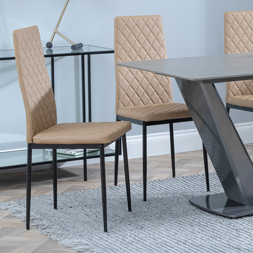 Janice Grey Ceramic 4 Seater Dining Set - Novato Leather Dining Chair with Black Legs