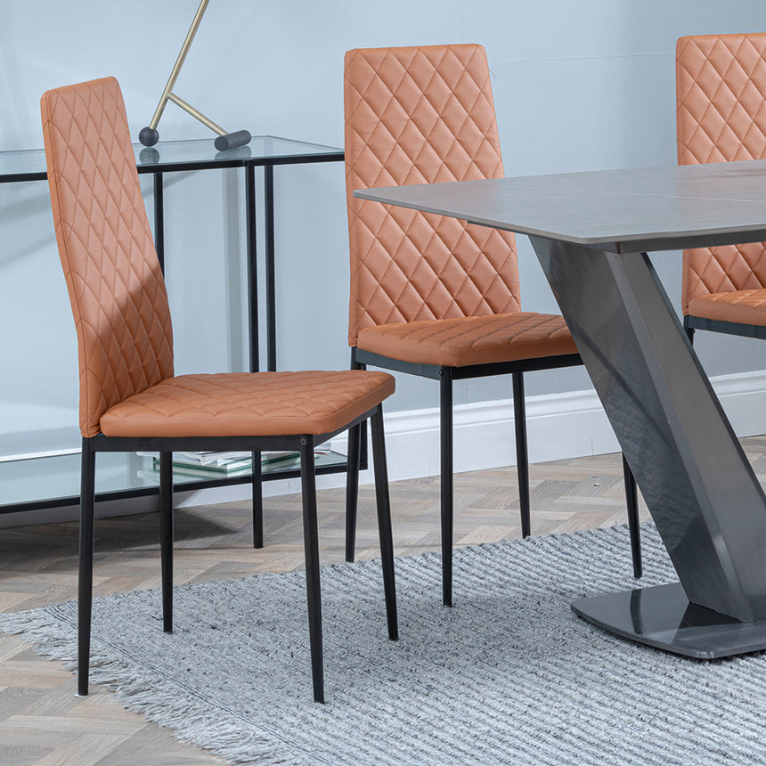 Janice Grey Ceramic 4 Seater Dining Set - Novato Leather Dining Chair with Black Legs