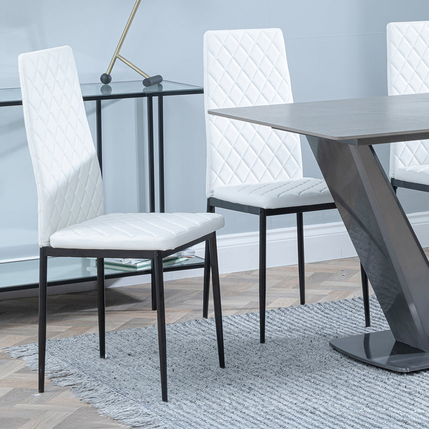 Janice Grey Ceramic 4 Seater Dining Set - Novato Leather Dining Chair with Black Legs
