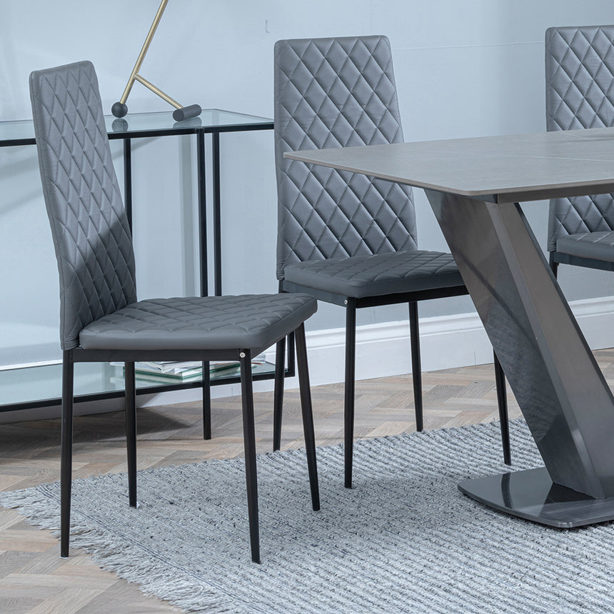 Janice Grey Ceramic 4 Seater Dining Set - Novato Leather Dining Chair with Black Legs