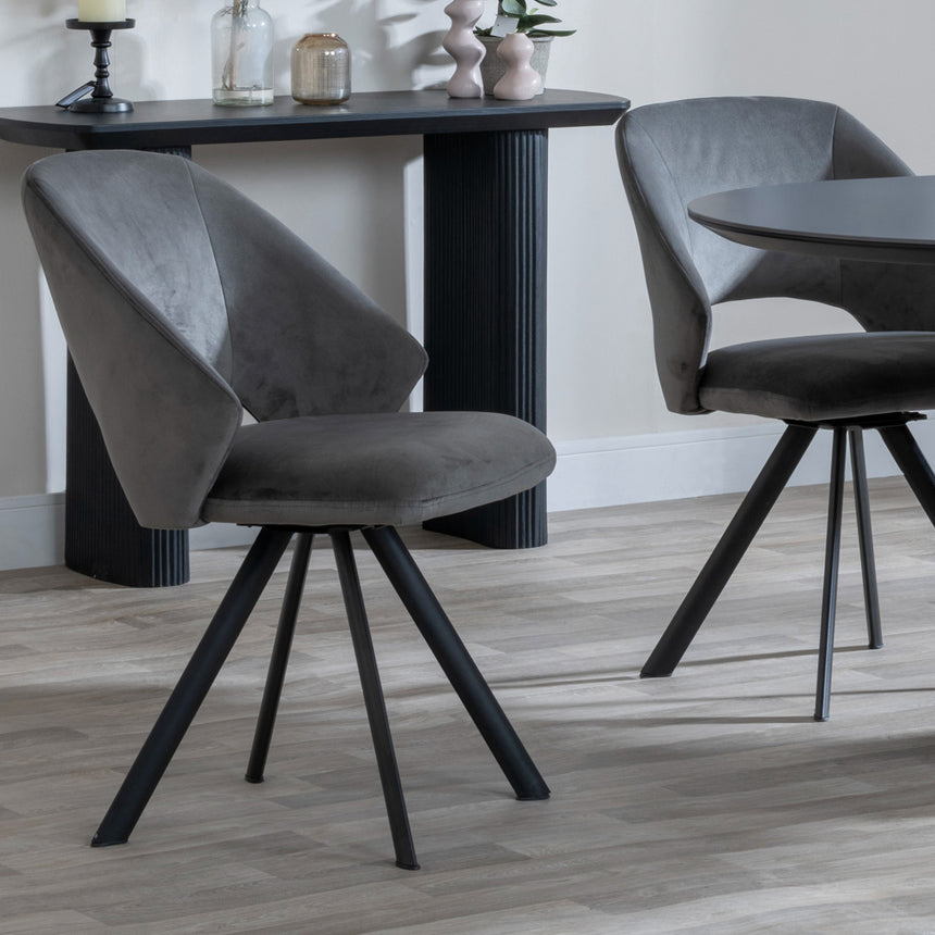 Joyce Dark Grey  Ceramic Oval Dining Set with Pedestal Base - Burano Velvet Fabric Swivel Dining Chair