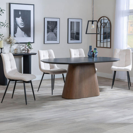 Joyce Dark Grey  Ceramic Oval Dining Set with Pedestal Base - Bolzano Fabric Dining Chair
