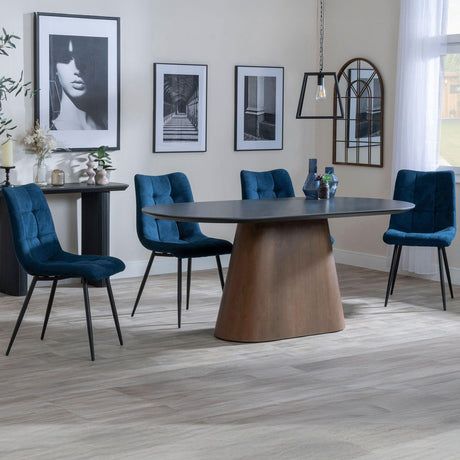 Joyce Dark Grey  Ceramic Oval Dining Set with Pedestal Base - Bolzano Fabric Dining Chair
