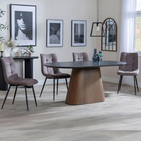Joyce Dark Grey  Ceramic Oval Dining Set with Pedestal Base - Bolzano Fabric Dining Chair