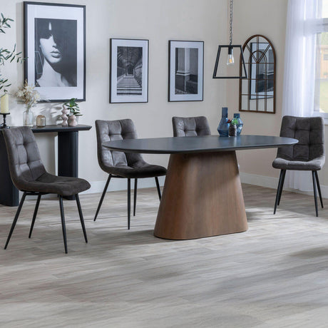 Joyce Dark Grey  Ceramic Oval Dining Set with Pedestal Base - Bolzano Fabric Dining Chair