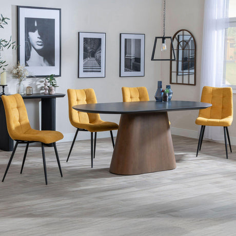 Joyce Dark Grey  Ceramic Oval Dining Set with Pedestal Base - Bolzano Fabric Dining Chair