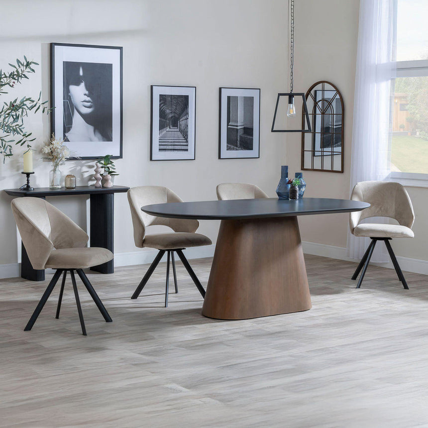 Joyce Dark Grey  Ceramic Oval Dining Set with Pedestal Base - Burano Velvet Fabric Swivel Dining Chair