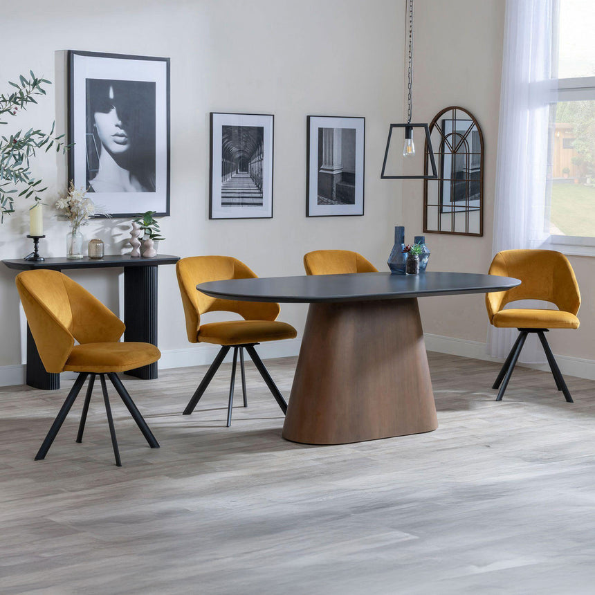 Joyce Dark Grey  Ceramic Oval Dining Set with Pedestal Base - Burano Velvet Fabric Swivel Dining Chair