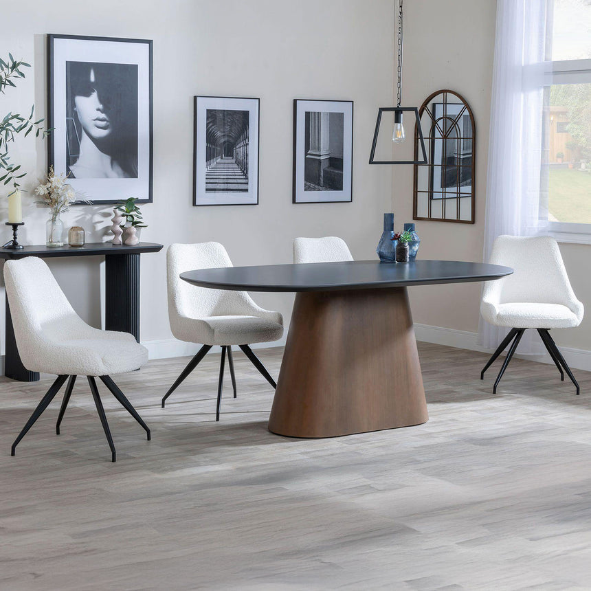 Joyce Dark Grey  Ceramic Oval Dining Set with Pedestal Base - Diana Velvet Fabric Swivel Dining Chair