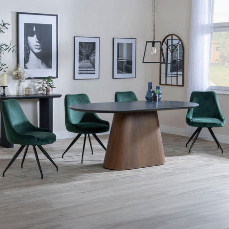 Joyce Dark Grey  Ceramic Oval Dining Set with Pedestal Base - Diana Velvet Fabric Swivel Dining Chair