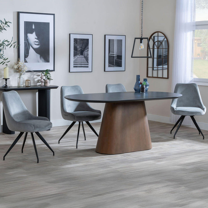 Joyce Dark Grey  Ceramic Oval Dining Set with Pedestal Base - Diana Velvet Fabric Swivel Dining Chair
