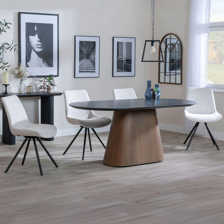 Joyce Dark Grey  Ceramic Oval Dining Set with Pedestal Base - Messina Fabric Swivel Dining Chair